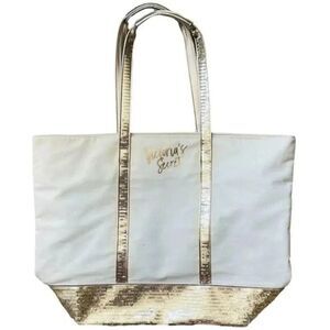 Victoria's Secret White Canvas Tote Bag Gold Glitter Beach Bag Diaper Bag Laptop